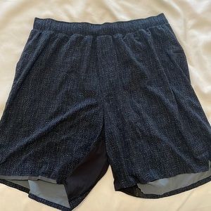 Lululemon male running shorts; size medium; blue/black pattern; linerless